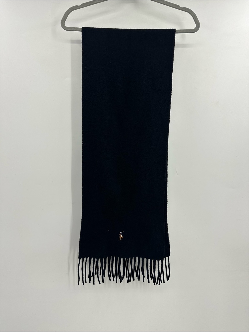 Polo by Ralph Lauren Black Fringe Wool Scarf with Polo Pony